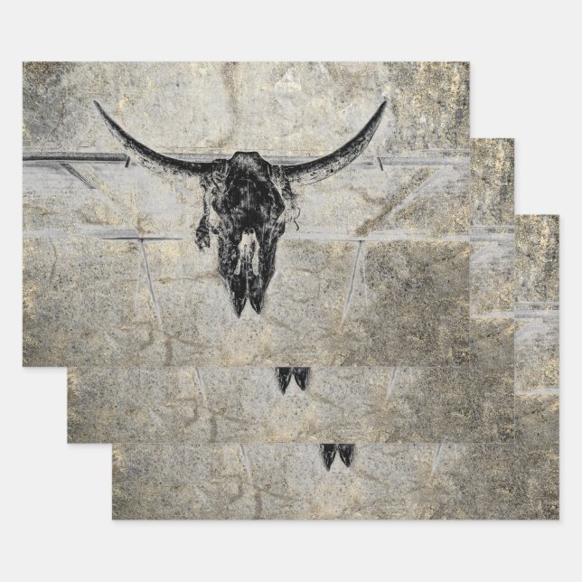 Rustic Western Cow Skull Black Texture Decoupage Wrapping Paper Sheet (Set)