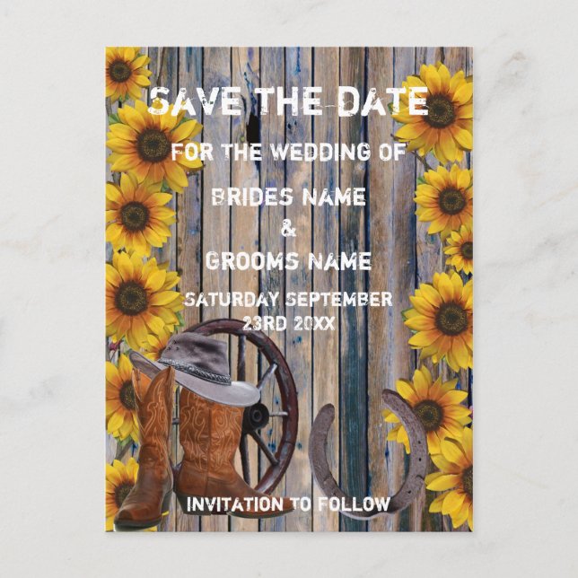 Rustic western cowboy ranch theme save the date announcement postcard (Front)