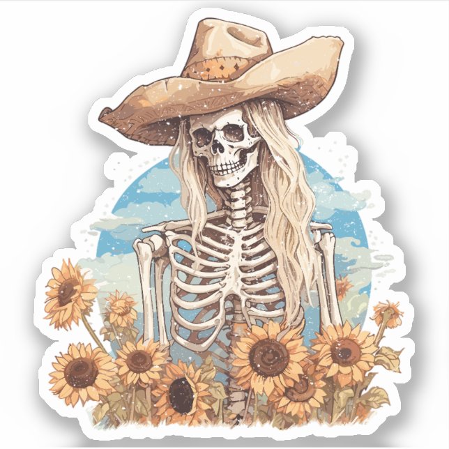 Rustic Western Cowgirl Skeleton With Sunflowers (Front)