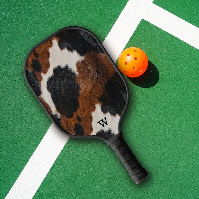 Rustic Western Cowhide Pattern with Monogram Pickleball Paddle (Creator Uploaded)