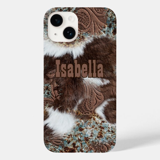 Rustic Western Cowhide Print Brown Leather Name Case-Mate iPhone Case (Back)