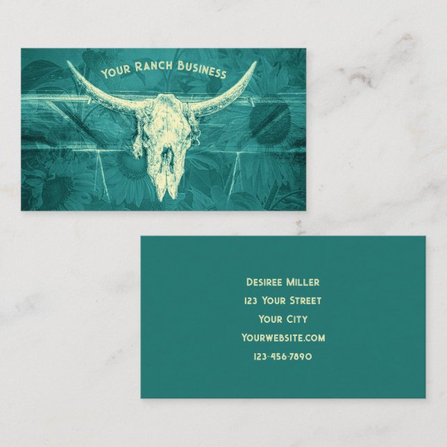 Rustic Western Dark Teal Sunflowers Bull Skull Business Card (Front/Back)