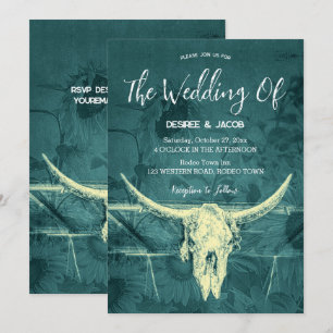 Rustic Western Dark Teal Sunflowers Bull Skull Invitation