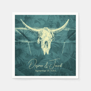 Rustic Western Dark Teal Sunflowers Bull Skull Napkin