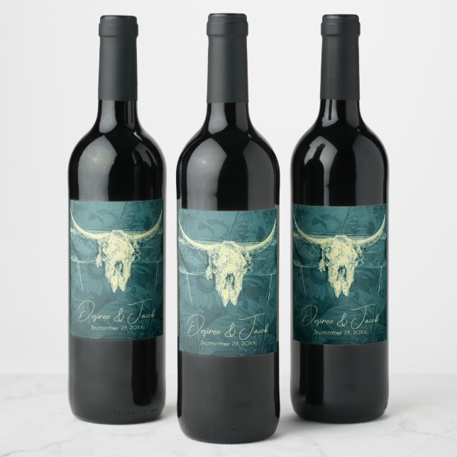 Rustic Western Dark Teal Sunflowers Bull Skull Wine Label (Bottles)