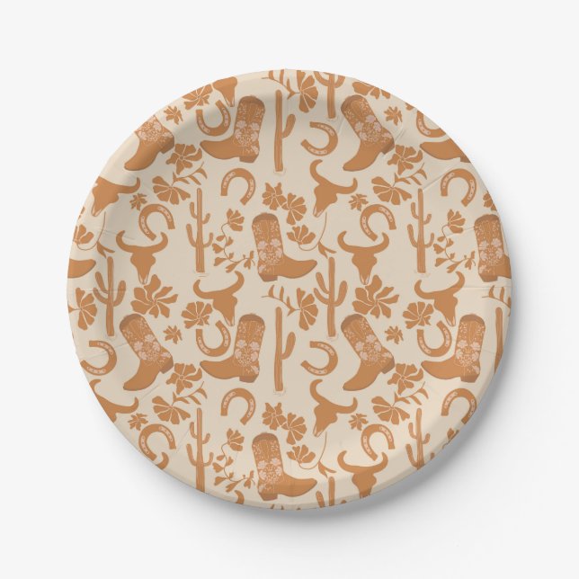Rustic Western Earth Tone Country Cowboy Boots Paper Plate (Front)