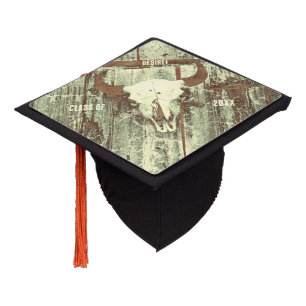 Rustic Western Green Brown Bull Skull Graduation Cap Topper
