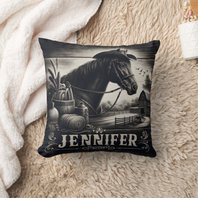 Rustic Western Horse and Farm Scene Throw Pillow (Blanket)