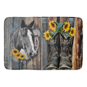 Rustic Western Horse Cowboy boots Sunflowers Bath Mat