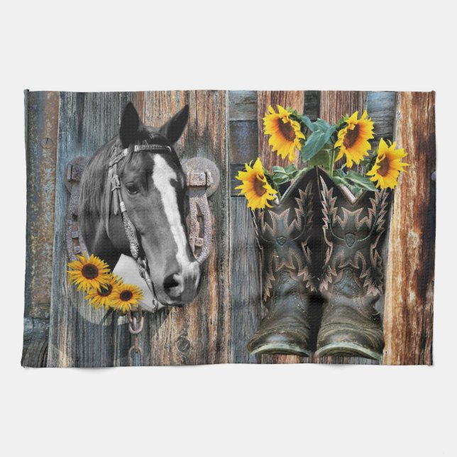 Rustic Western Horse Cowboy boots Sunflowers Kitchen Towel (Horizontal)