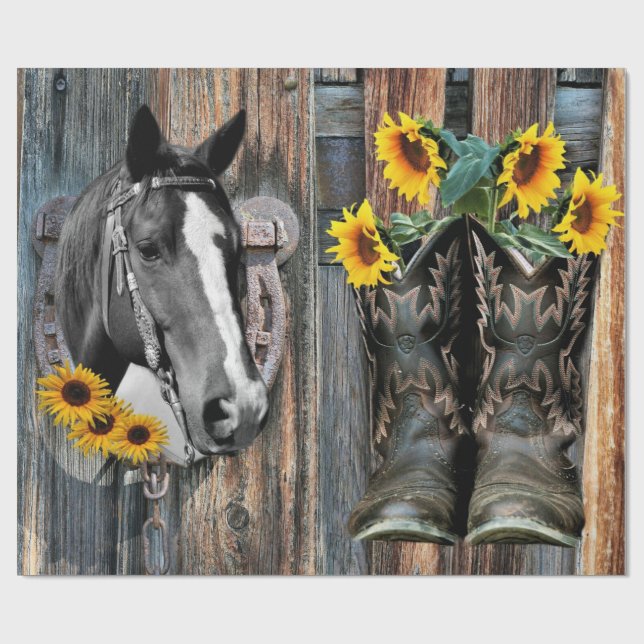 Rustic Western Horse Cowboy boots Sunflowers Wrapping Paper (Flat)