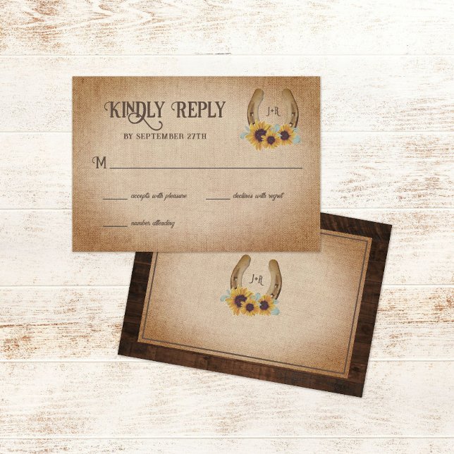 Rustic Western Horseshoe & Sunflowers Wedding RSVP Card (Creator Uploaded)