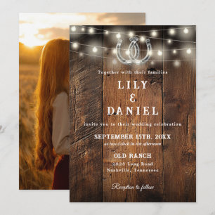 Rustic Western Horseshoes Lights Photo Wedding Invitation