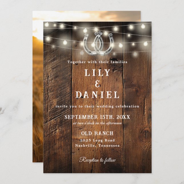 Rustic Western Horseshoes Lights Photo Wedding Invitation (Front/Back)