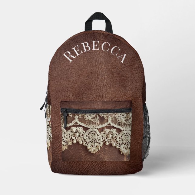 Rustic Western Leather and Antique Lace  Printed Backpack (Front)