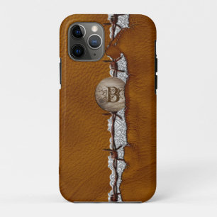 Rustic Western Leather Barbed Wire Tooled Silver iPhone 11 Pro Case