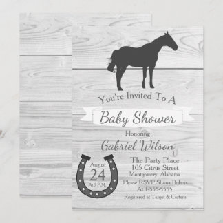Rustic Western Ranch Grey Horse & Horseshoe Invitation