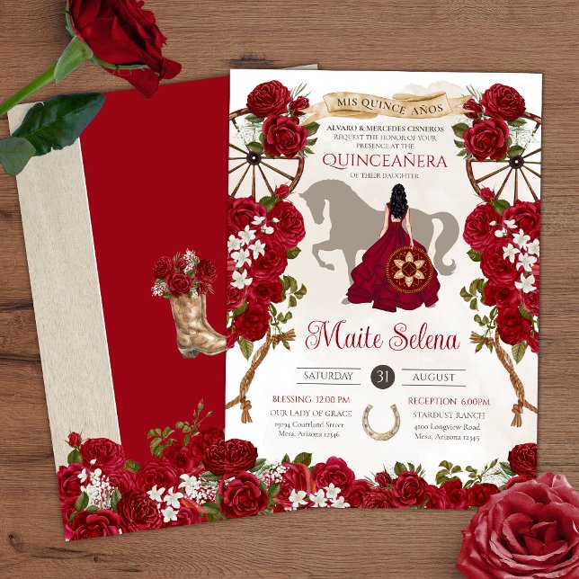 Rustic Western - Red Rose - Charro Quinceanera  Invitation (Creator Uploaded)