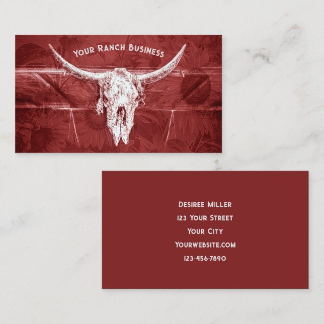 Rustic Western Red White Sunflowers Bull Skull Business Card (Front/Back)