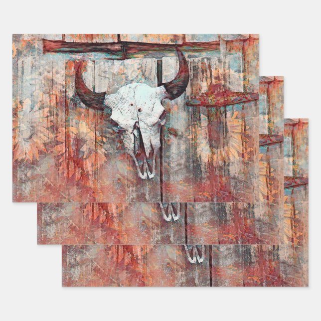 Rustic Western Rust Brown Bull Skull Sunflowers Wrapping Paper Sheet (Set)