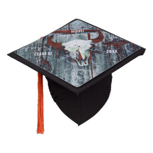 Rustic Western Rust Brown Grey Texture Bull Skull Graduation Cap Topper