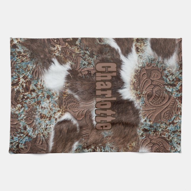 Rustic Western Southwest Cowhide Leather Name Kitchen Towel (Horizontal)