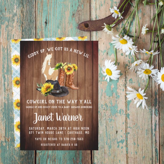 Rustic Western Sunflower Cowgirl Baby Shower Invitation (Creator Uploaded)