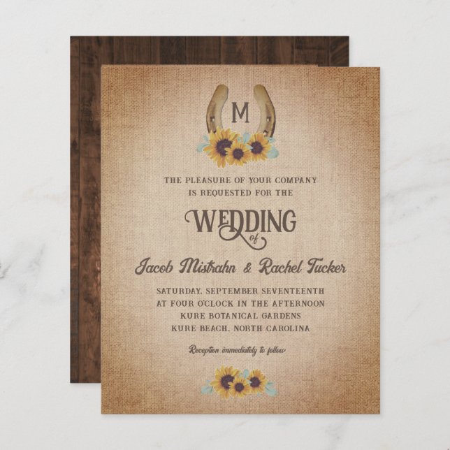 Rustic Western Sunflowers Wedding Monogram Invite (Front/Back)