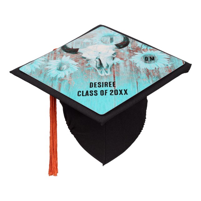 Rustic Western Teal Bull Skull Sunflowers On Wood Graduation Cap Topper (Angled)