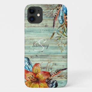 Rustic Western Turquoise Wood Boho Floral Monogram Case-Mate iPhone Case