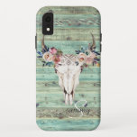 Rustic Western Turquoise Wood Cow Skull Monogram iPhone XR Case<br><div class="desc">Boho Chic Cow Skull Flowers on Wood Design and your monogram. The perfect rustic phone case. Add your custom wording to this design by using the "Edit this design template" boxes on the right hand side of the item, or click the blue "Customize it" button to arrange the text, change...</div>