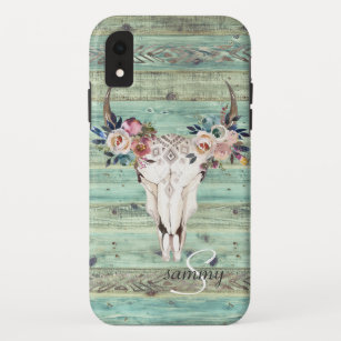 Rustic Western Turquoise Wood Cow Skull Monogram Case-Mate iPhone Case