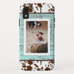 Rustic Western Turquoise Wood Cowhide Photo iPhone XR Case<br><div class="desc">Fun cowhide print against turquoise wooden background and your own photo. The perfect rustic phone case. Add your custom wording to this design by using the "Edit this design template" boxes on the right hand side of the item, or click the blue "Customize it" button to arrange the text, change...</div>