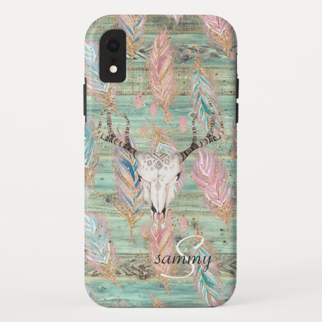 Rustic Western Turquoise Wood Deer Skull Monogram Case-Mate iPhone Case (Back)