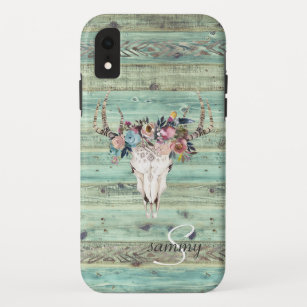 Rustic Western Turquoise Wood Deer Skull Monogram Case-Mate iPhone Case