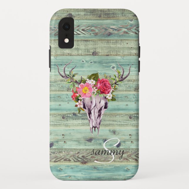 Rustic Western Turquoise Wood Deer Skull Monogram Case-Mate iPhone Case (Back)