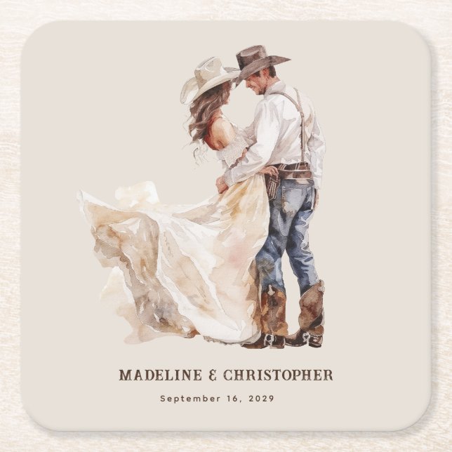 Rustic Western Wedding Square Paper Coaster (Front)