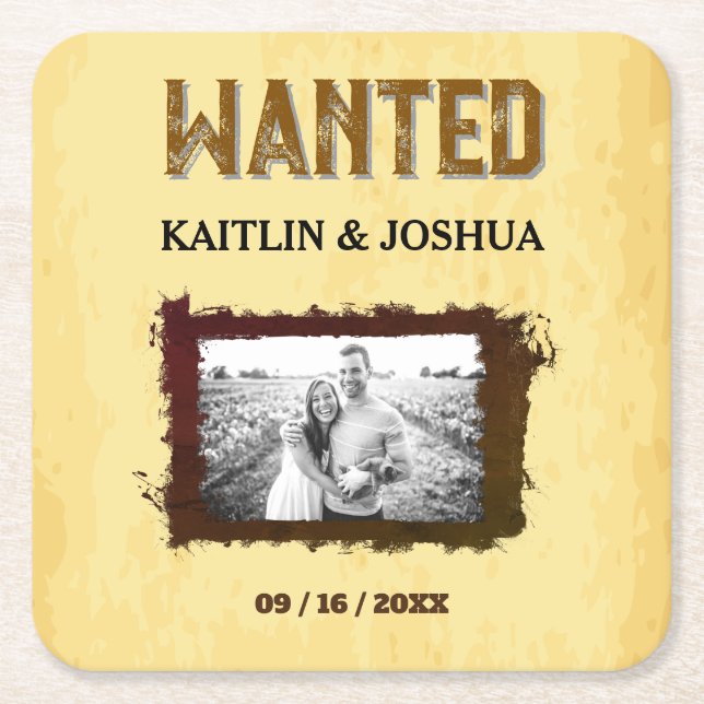 Rustic Western Wedding 🤠 WANTED Photo Square Paper Coaster (Front)