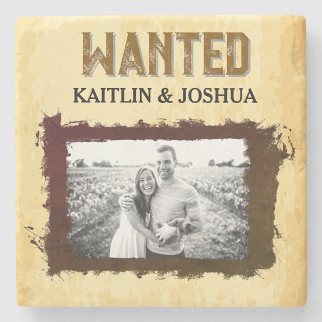 Rustic Western Wedding 🤠 WANTED Photo Stone Coaster (Front)