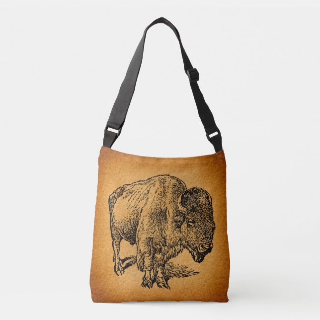 Rustic Western Wild Buffalo Bison Antique Art Crossbody Bag (Front)