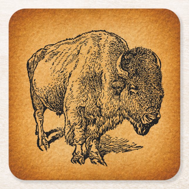 Rustic Western Wild Buffalo Bison Antique Art Square Paper Coaster (Front)