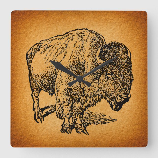 Rustic Western Wild Buffalo Bison Antique Art Square Wall Clock (Front)