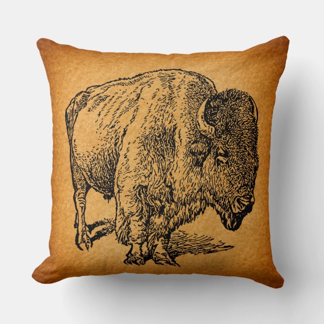 Rustic Western Wild Buffalo Bison Antique Art Throw Pillow (Front)