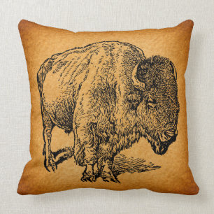 Rustic Western Wild Buffalo Bison Antique Art Throw Pillow