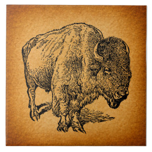 Rustic Western Wild Buffalo Bison Antique Art Tile