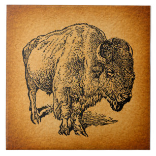 Rustic Western Wild Buffalo Bison Antique Art Tile
