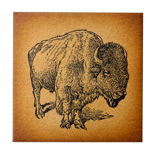 Rustic Western Wild Buffalo Bison Antique Art Tile (Front)