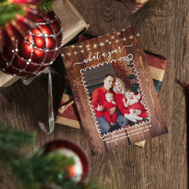 Rustic What a Year Photo Collage Christmas  Card (rustic christmas cards elegant modern family photo string lights snowflakes wood country what a year)