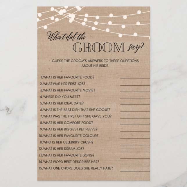Rustic what did groom say bridal shower game (Front)