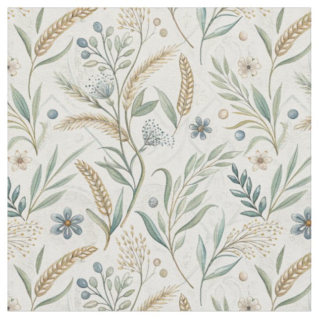 Rustic Wheat & Wildflower Botanical Floral Pattern Fabric (Close Up)